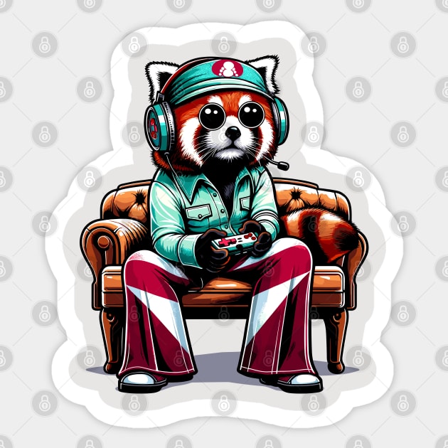 Red Panda gamer - Retro Gaming Bliss Sticker by TimeWarpWildlife